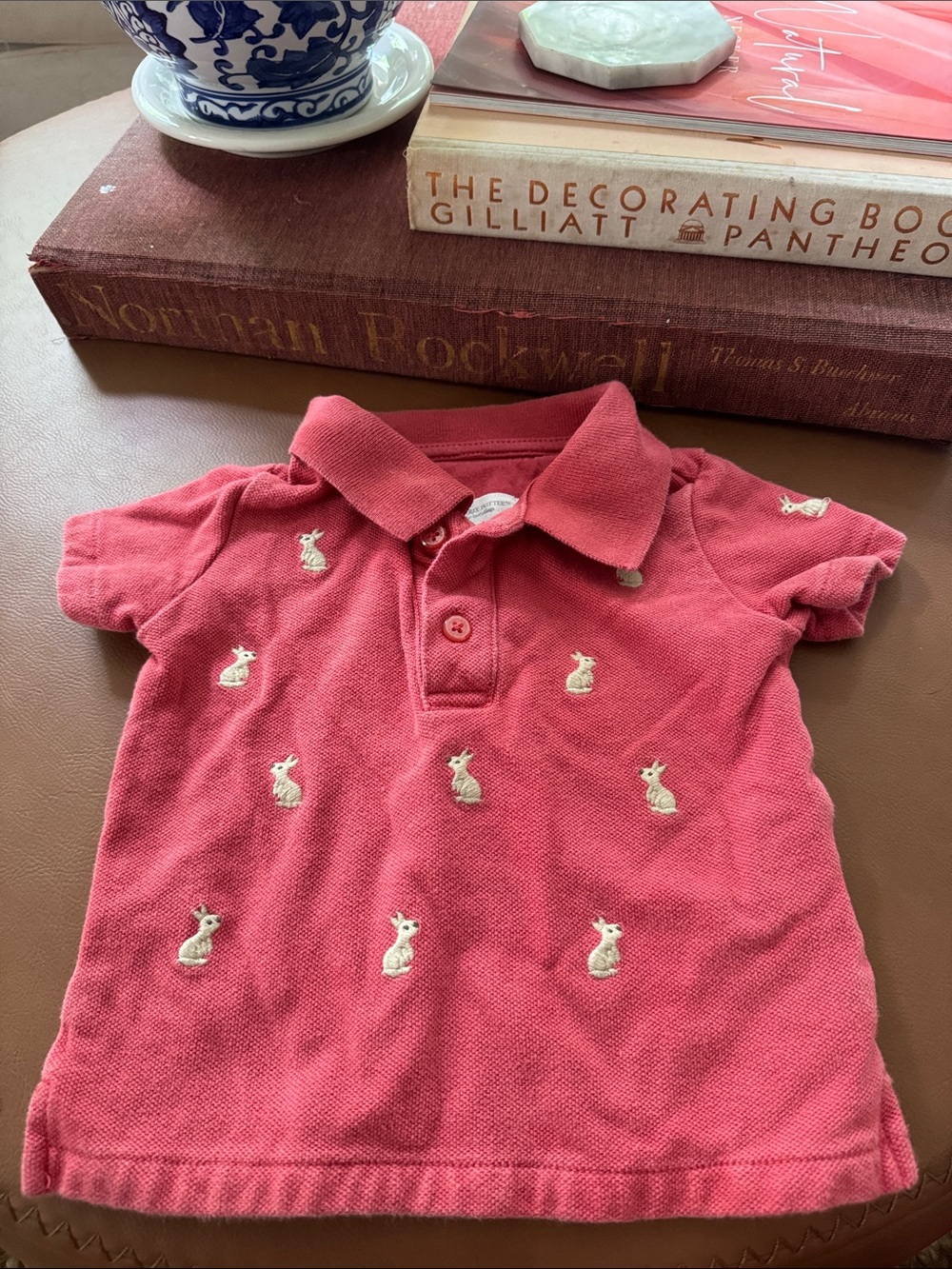 Kids Short Sleeve Polo Shirt with Embroidered Rabbits - red